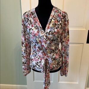 NWT Lane Bryant Multicolor Floral Wrap Blouse Semi Sheer